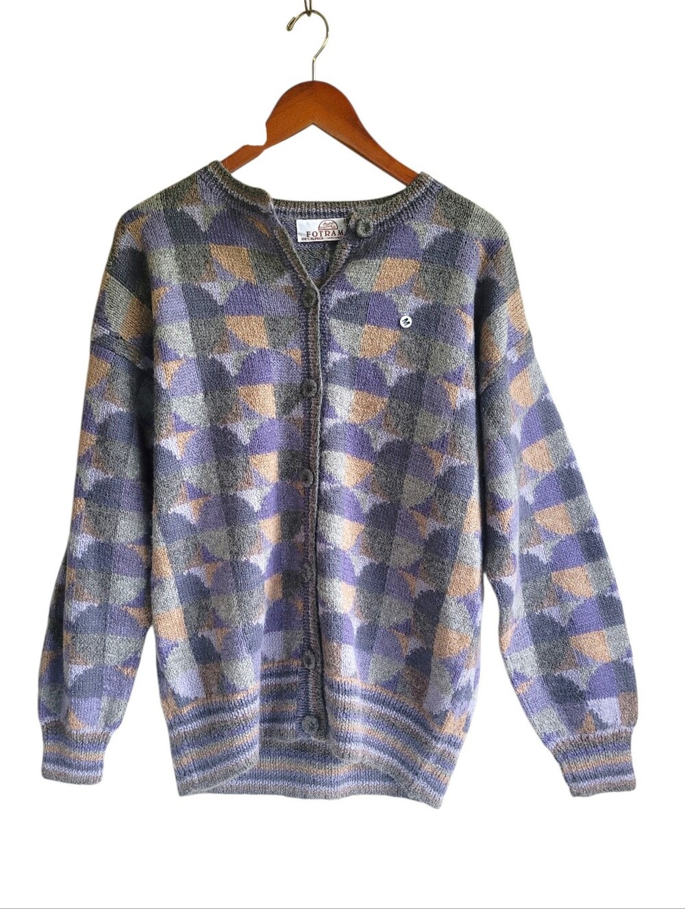 100% Alpaca Patterned Button-Up Sweater Cardigan - Lavender Gray Womens Medium